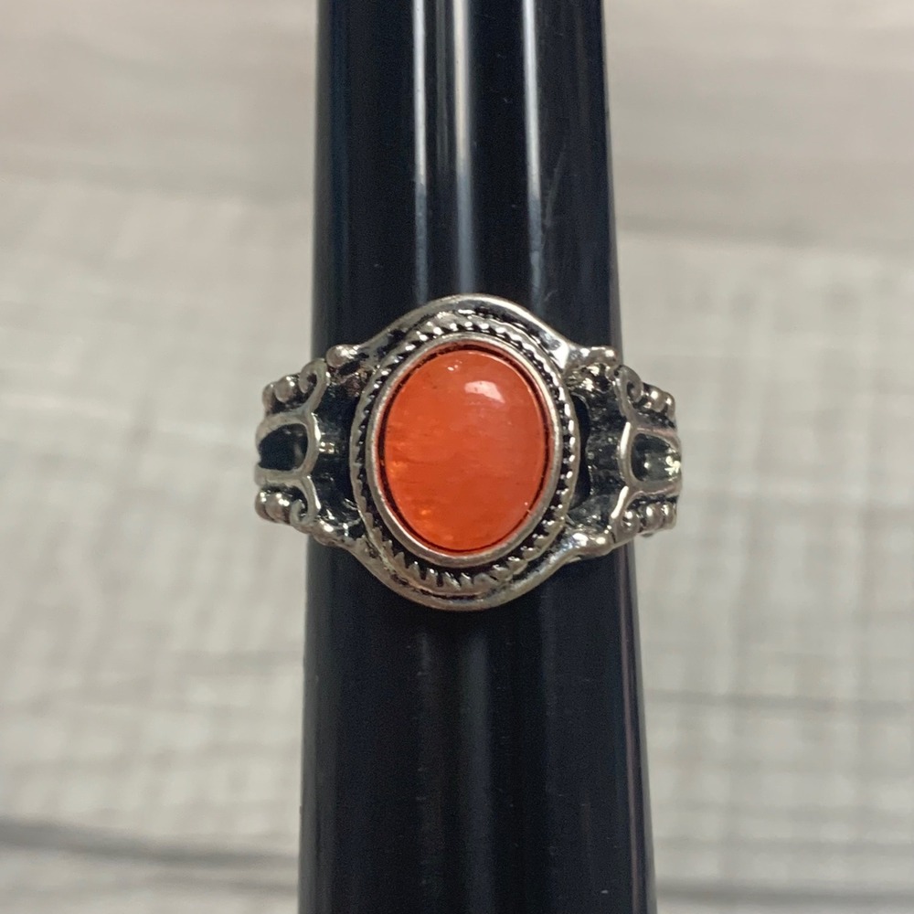 Paparazzi Orange Faux Stone Silver Tone Stretch Ring Ornate Boho Oval Cabochon